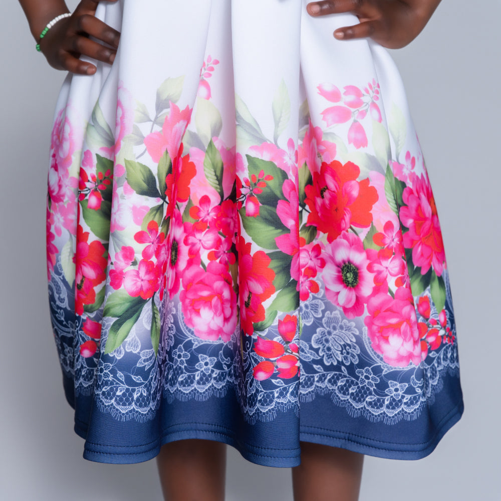 Girls Printed White Scuba Dress