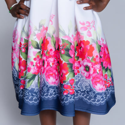 Girls Printed White Scuba Dress