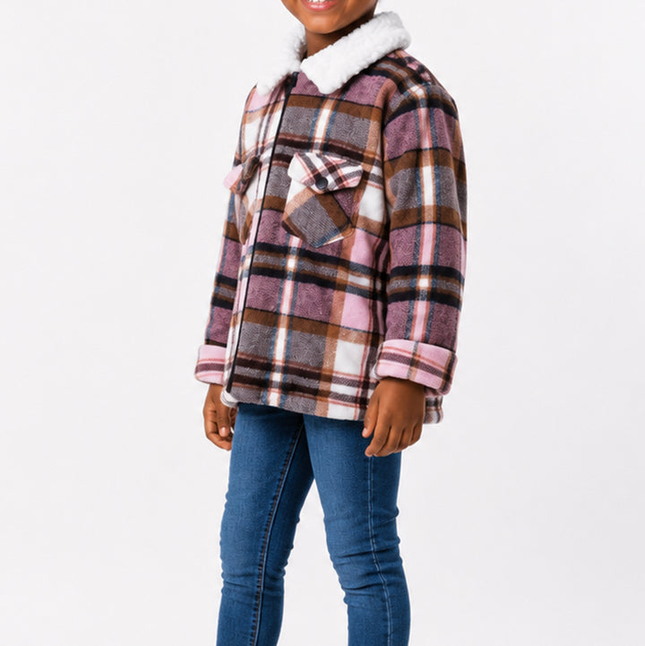 Girls Check Print Sherpa Shacket