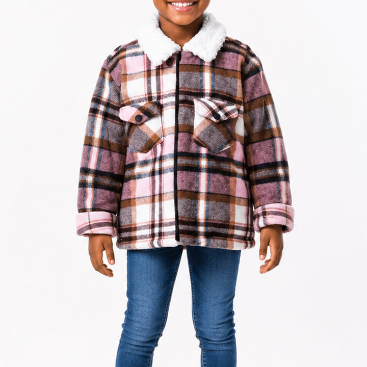 Girls Check Print Sherpa Shacket