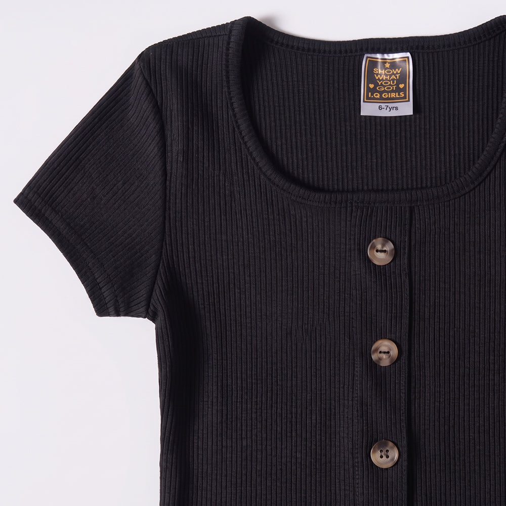 Girls Poplin Rib Black Dress
