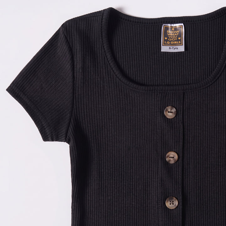 Girls Poplin Rib Black Dress