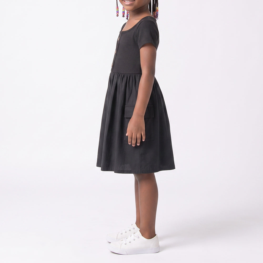 Girls Poplin Rib Black Dress