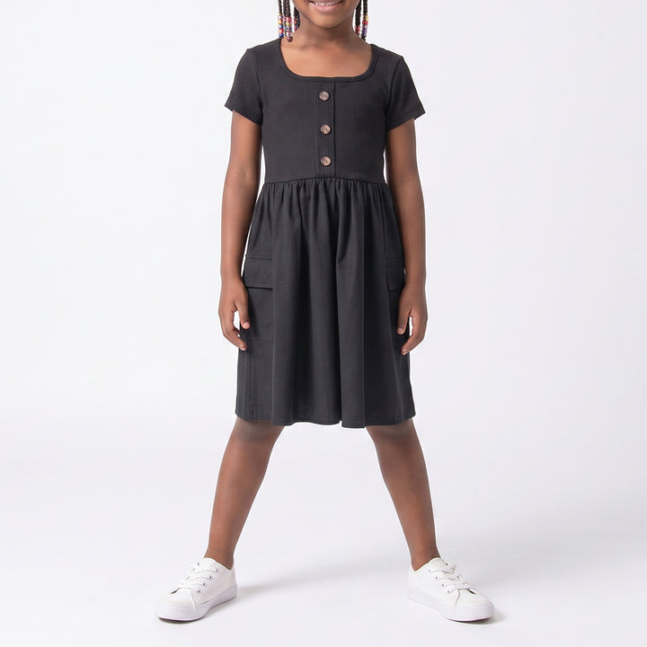 Girls Poplin Rib Black Dress