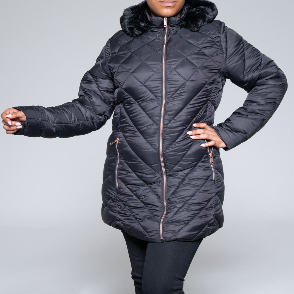 Ladies Black Hooded Puffer Jacket