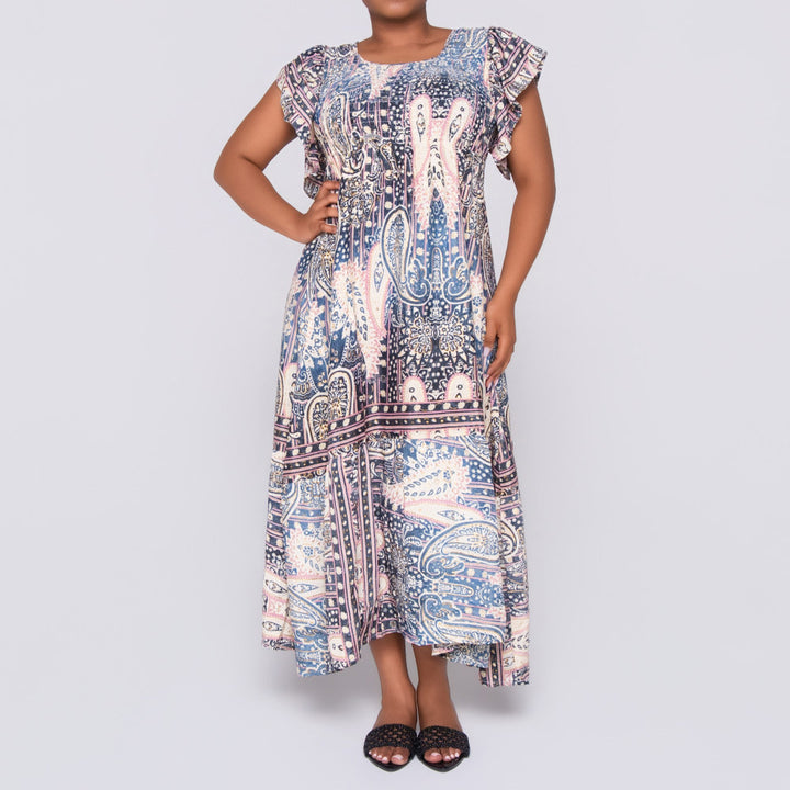 Navy/Stone Ladies Smocking Frill Edit Dress