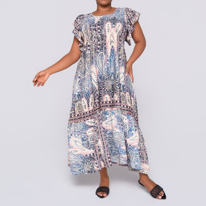 Navy/Stone Ladies Smocking Frill Edit Dress