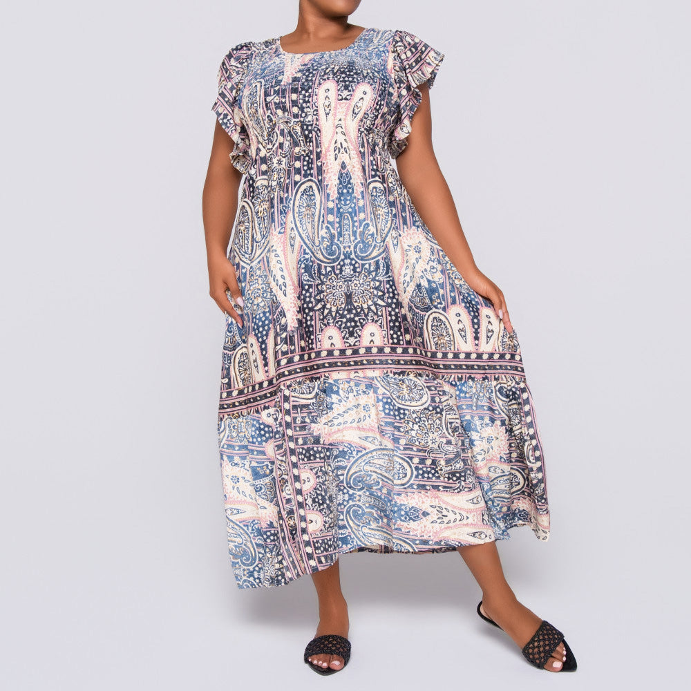 Navy/Stone Ladies Smocking Frill Edit Dress