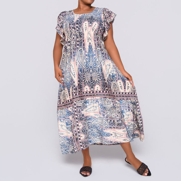 Navy/Stone Ladies Smocking Frill Edit Dress