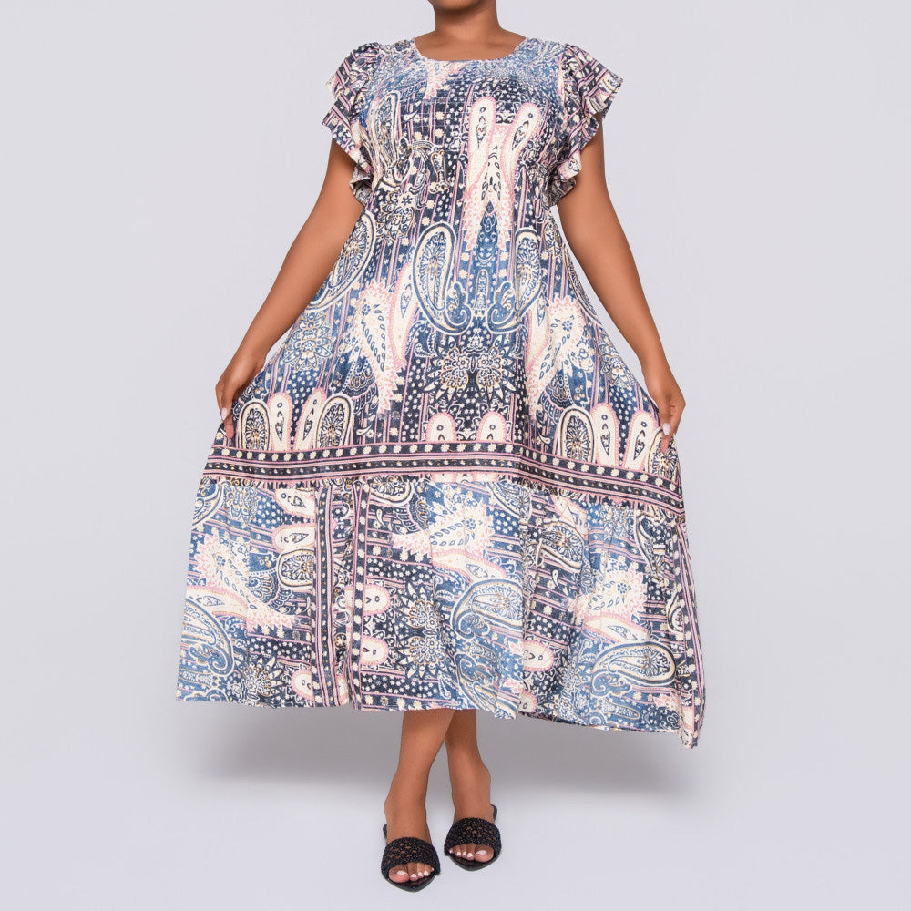 Navy/Stone Ladies Smocking Frill Edit Dress