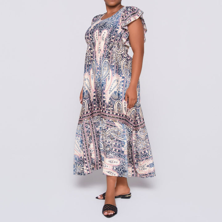 Navy/Stone Ladies Smocking Frill Edit Dress