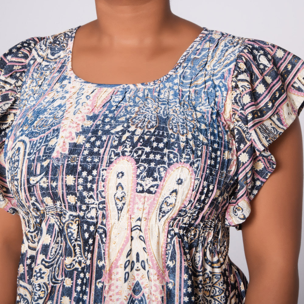 Navy/Stone Ladies Smocking Frill Edit Dress