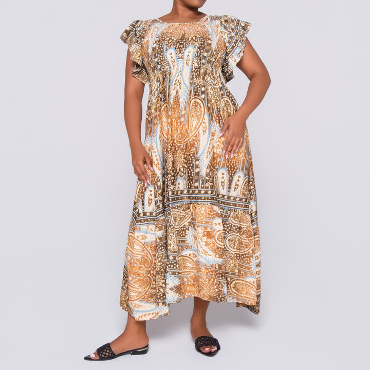 Choc/Stone Ladies Smocking Frill Edit Dress