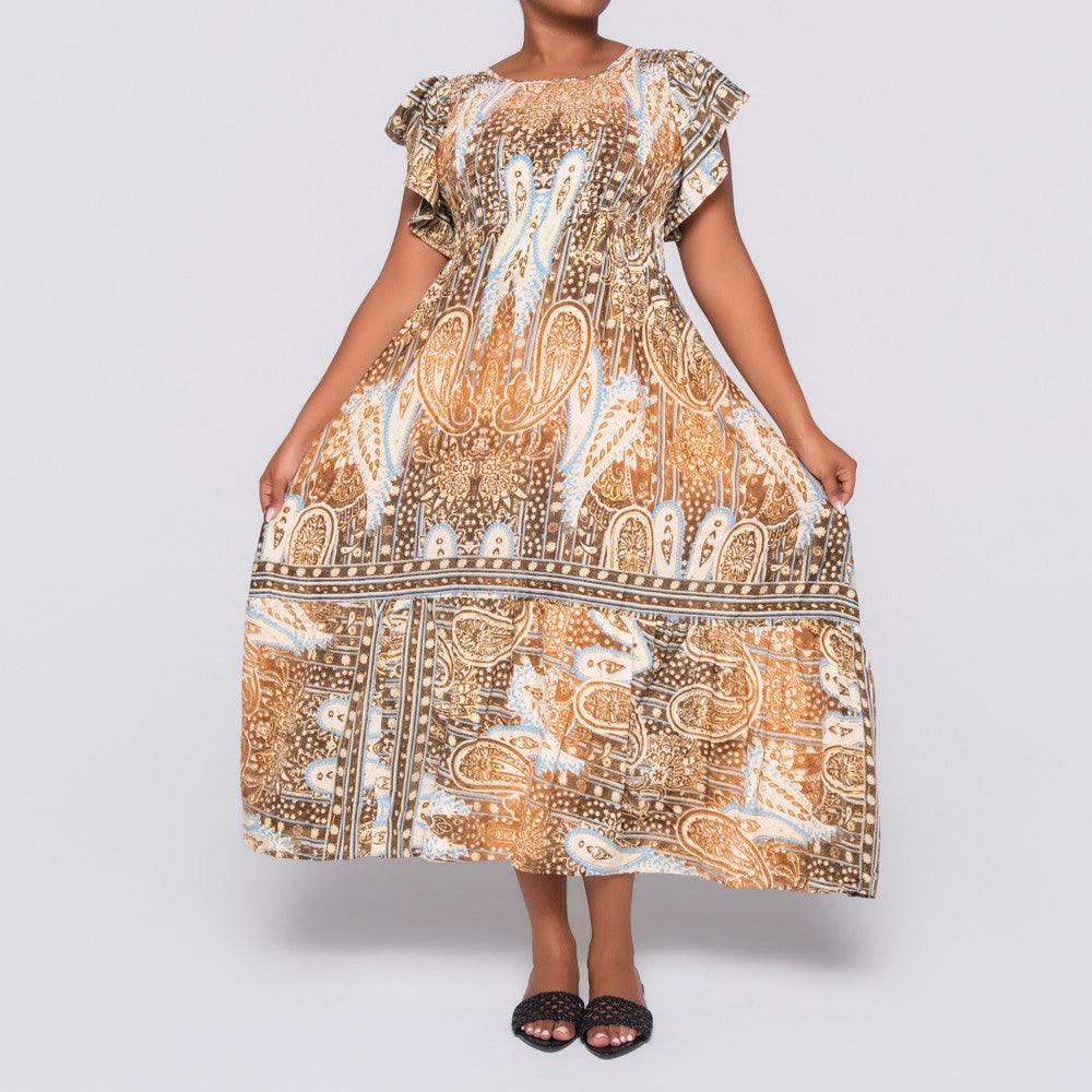 Choc/Stone Ladies Smocking Frill Edit Dress