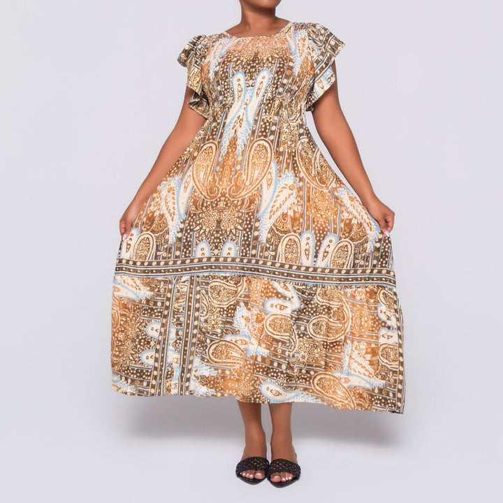 Choc/Stone Ladies Smocking Frill Edit Dress
