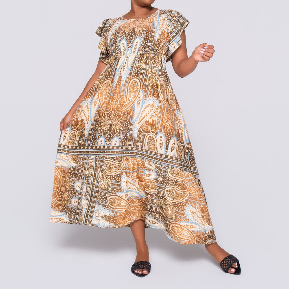 Choc/Stone Ladies Smocking Frill Edit Dress