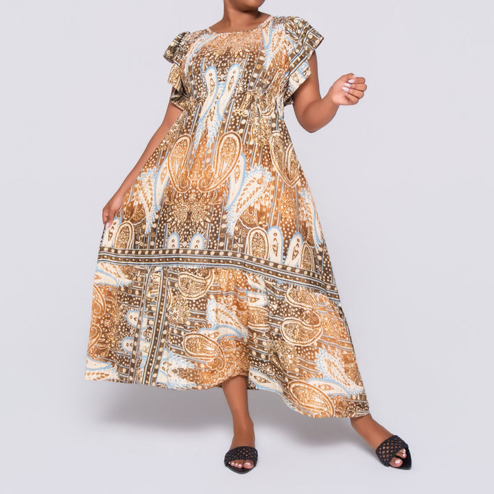 Choc/Stone Ladies Smocking Frill Edit Dress