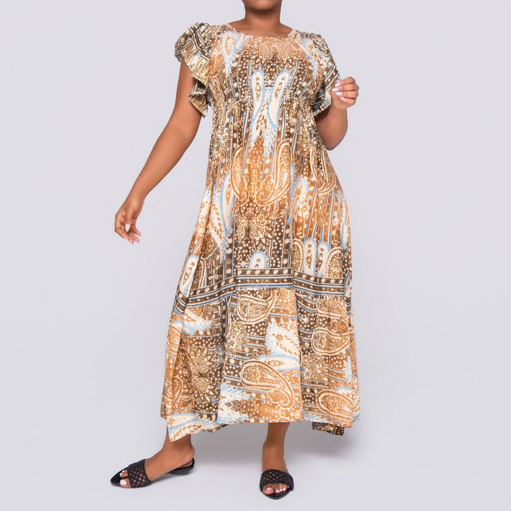Choc/Stone Ladies Smocking Frill Edit Dress