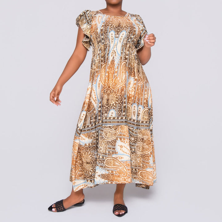 Choc/Stone Ladies Smocking Frill Edit Dress