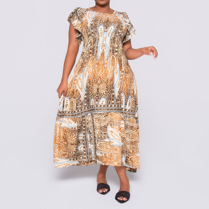 Choc/Stone Ladies Smocking Frill Edit Dress