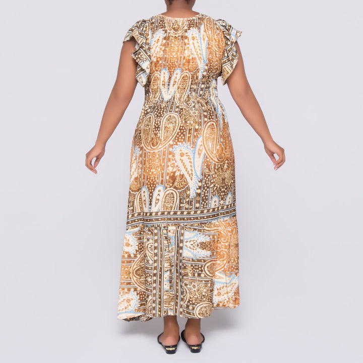 Choc/Stone Ladies Smocking Frill Edit Dress