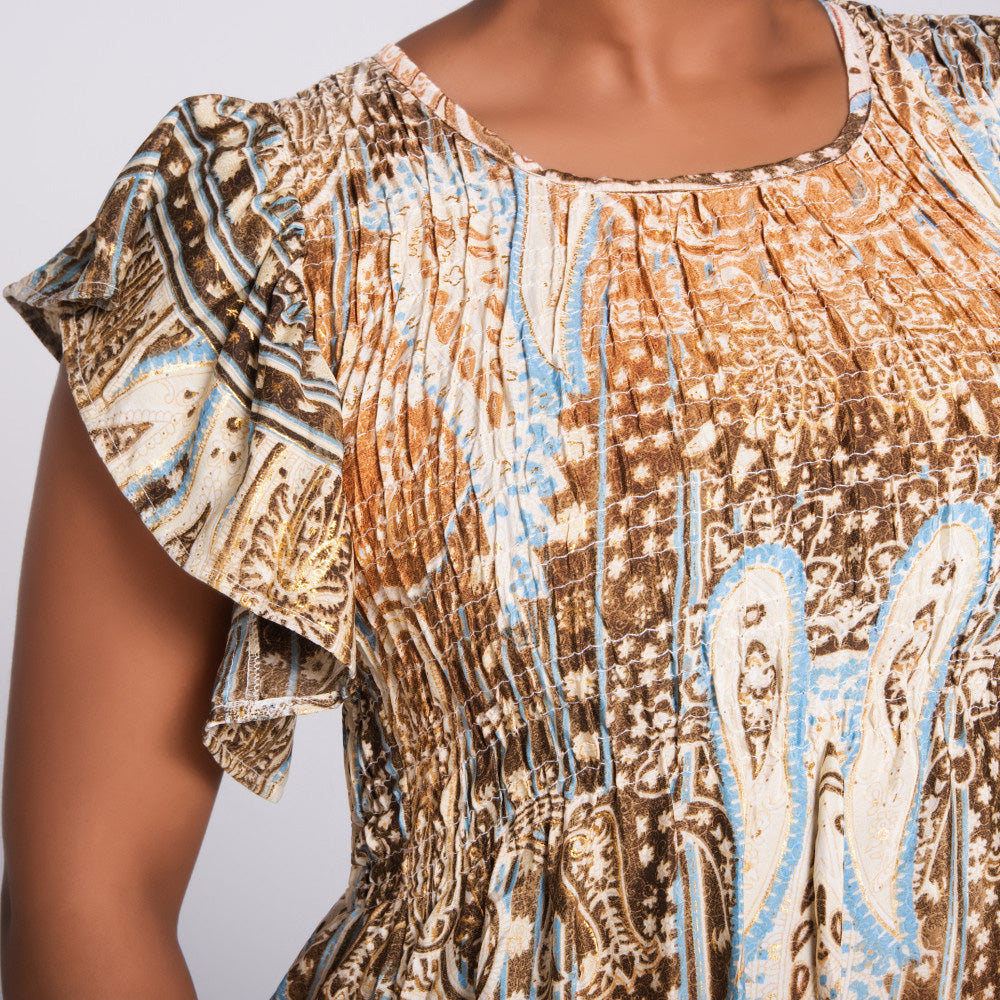 Choc/Stone Ladies Smocking Frill Edit Dress