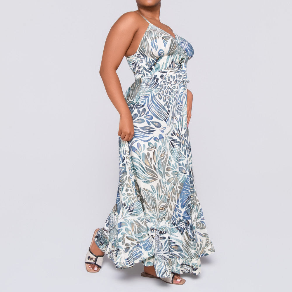 Ladies Navy Strappy Printed Dress