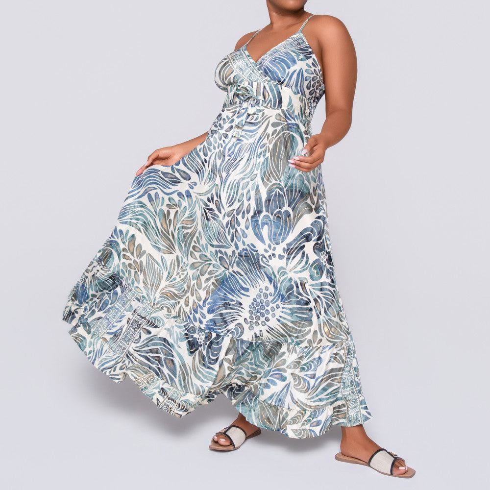 Ladies Navy Strappy Printed Dress