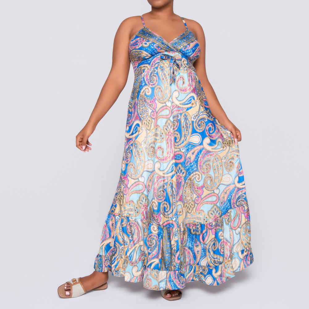 Ladies Strappy Printed Blue Dress