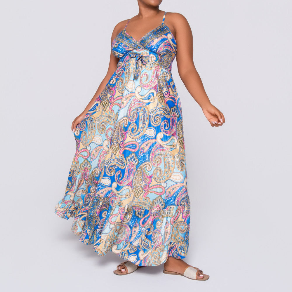 Ladies Strappy Printed Blue Dress
