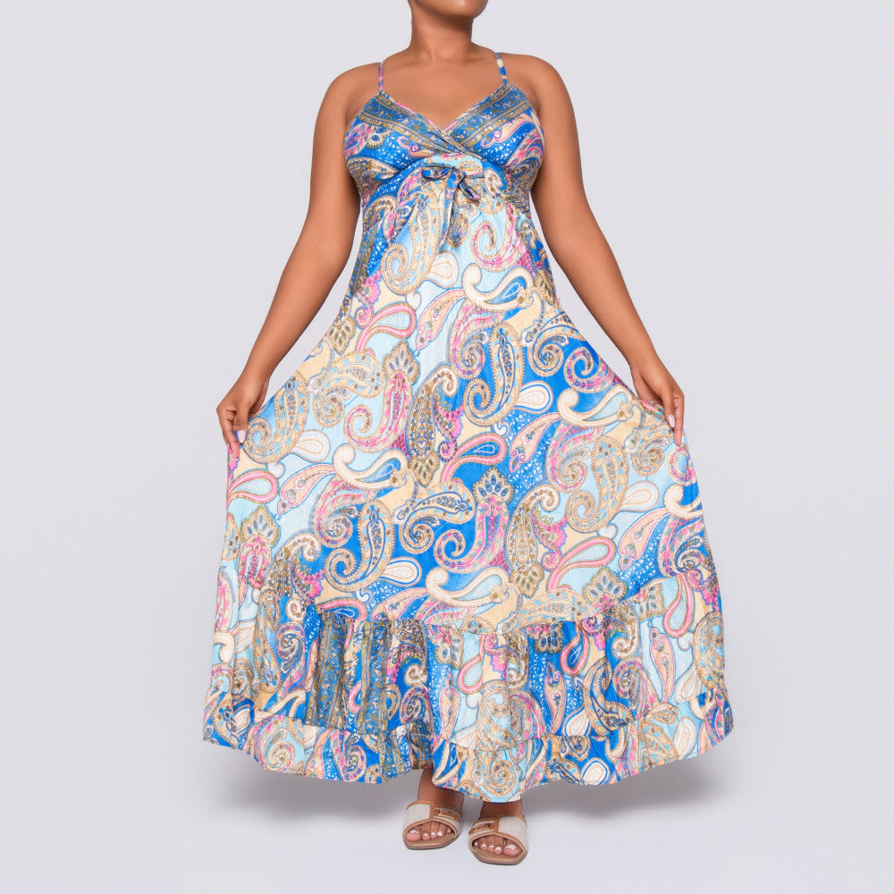 Ladies Strappy Printed Blue Dress