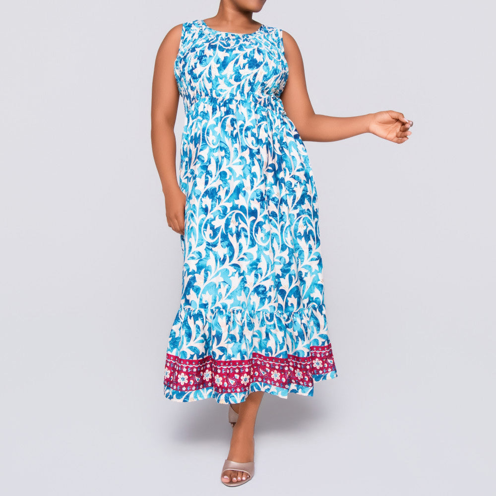 Ladies Sleeveless Turquoise Printed Dress