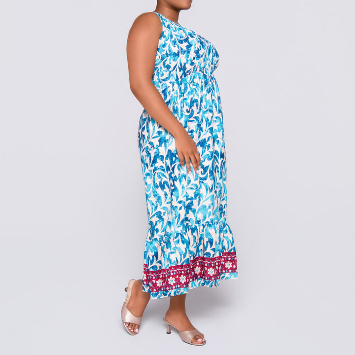 Ladies Sleeveless Turquoise Printed Dress
