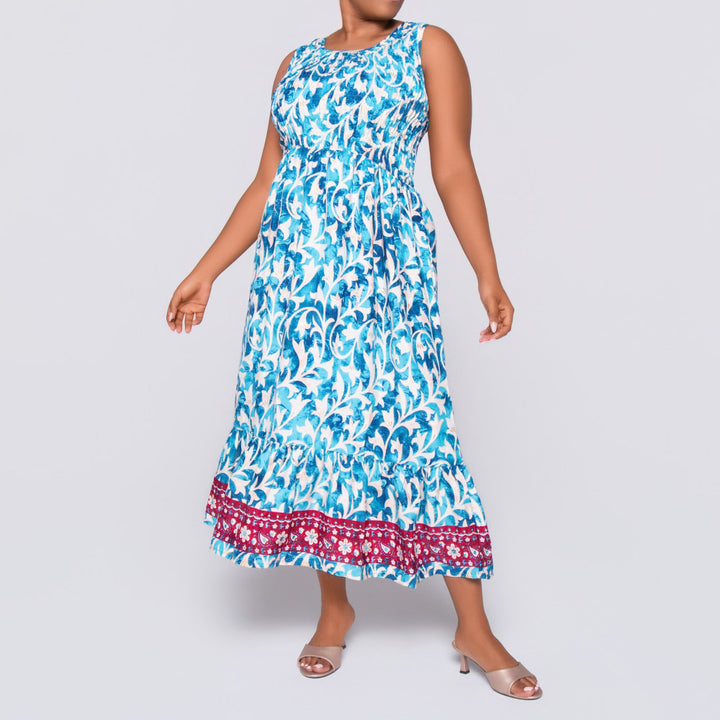 Ladies Sleeveless Turquoise Printed Dress