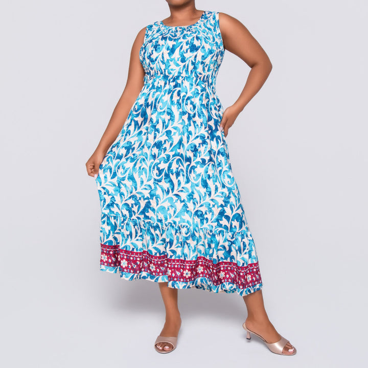 Ladies Sleeveless Turquoise Printed Dress