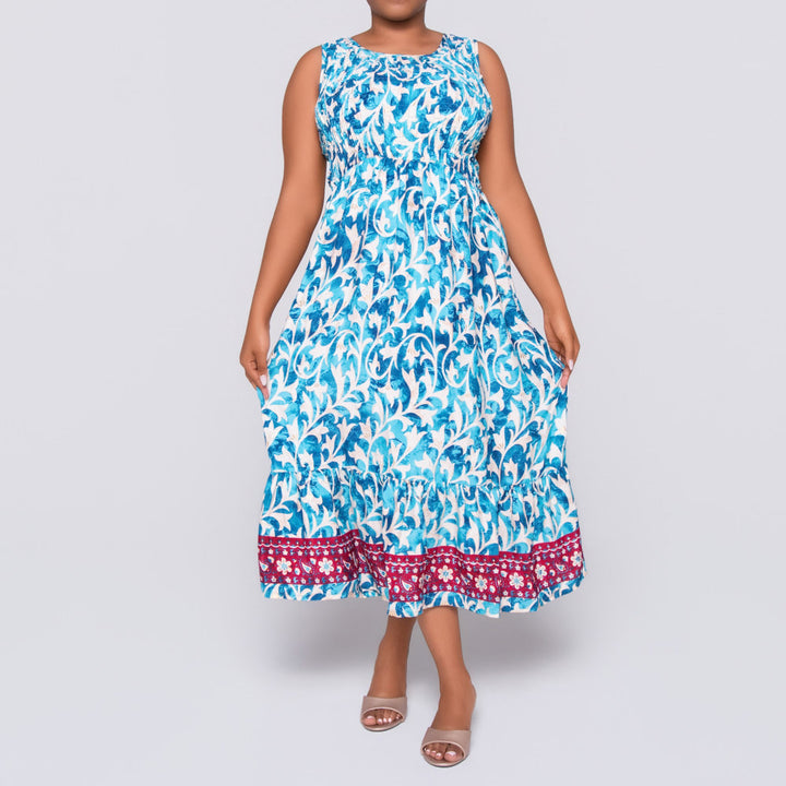 Ladies Sleeveless Turquoise Printed Dress