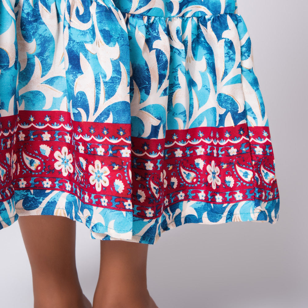 Ladies Sleeveless Turquoise Printed Dress