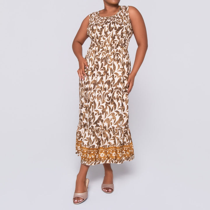 Ladies Sleeveless Brown Printed Dress