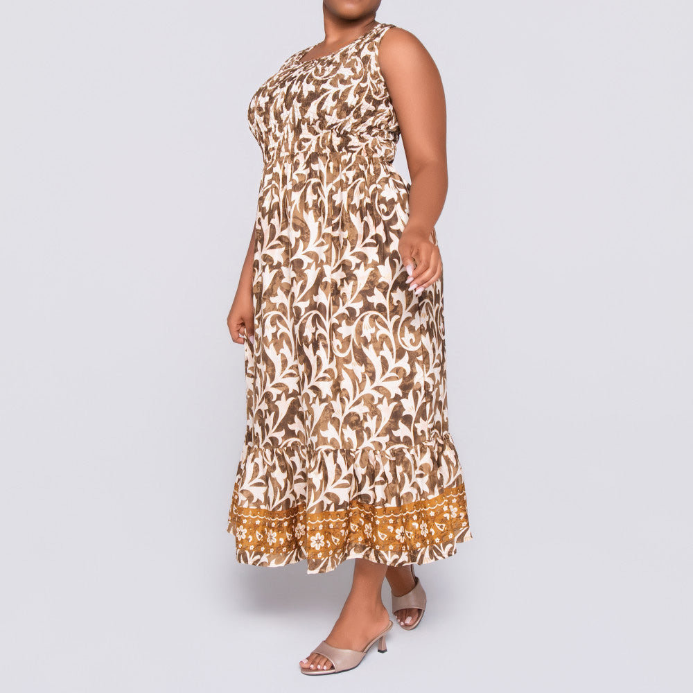 Ladies Sleeveless Brown Printed Dress