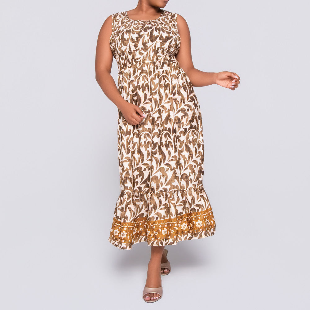 Ladies Sleeveless Brown Printed Dress