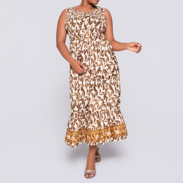 Ladies Sleeveless Brown Printed Dress