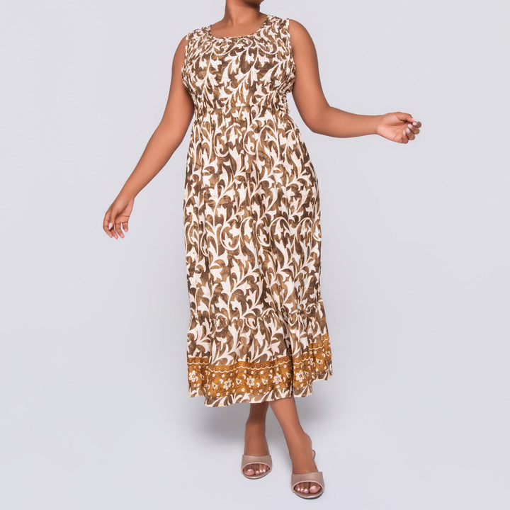 Ladies Sleeveless Brown Printed Dress