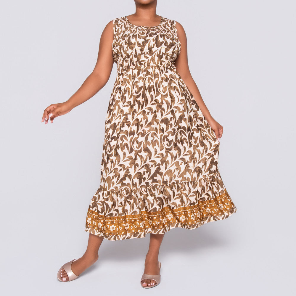 Ladies Sleeveless Brown Printed Dress