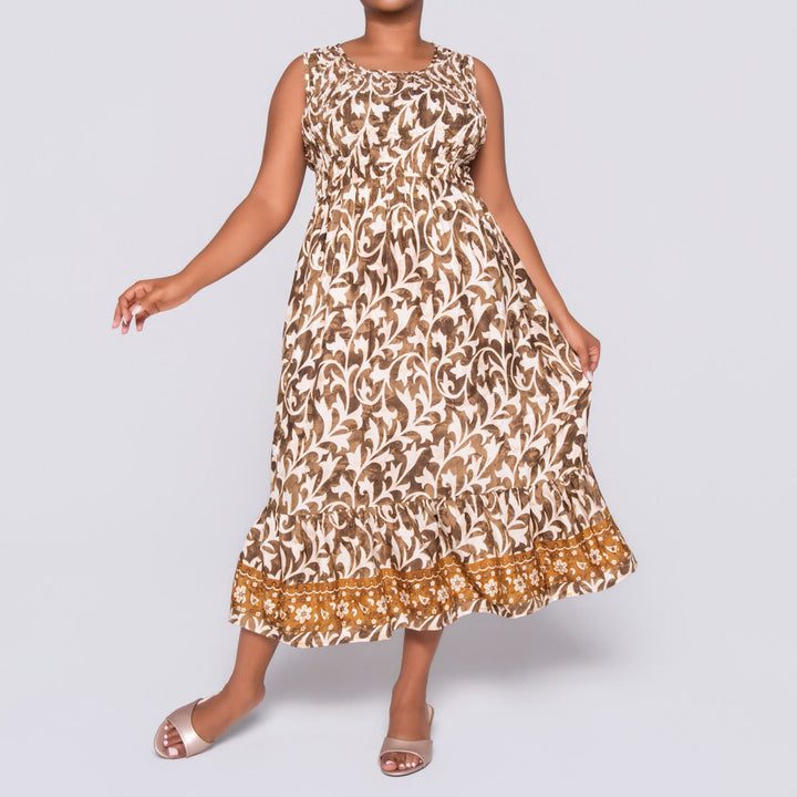 Ladies Sleeveless Brown Printed Dress