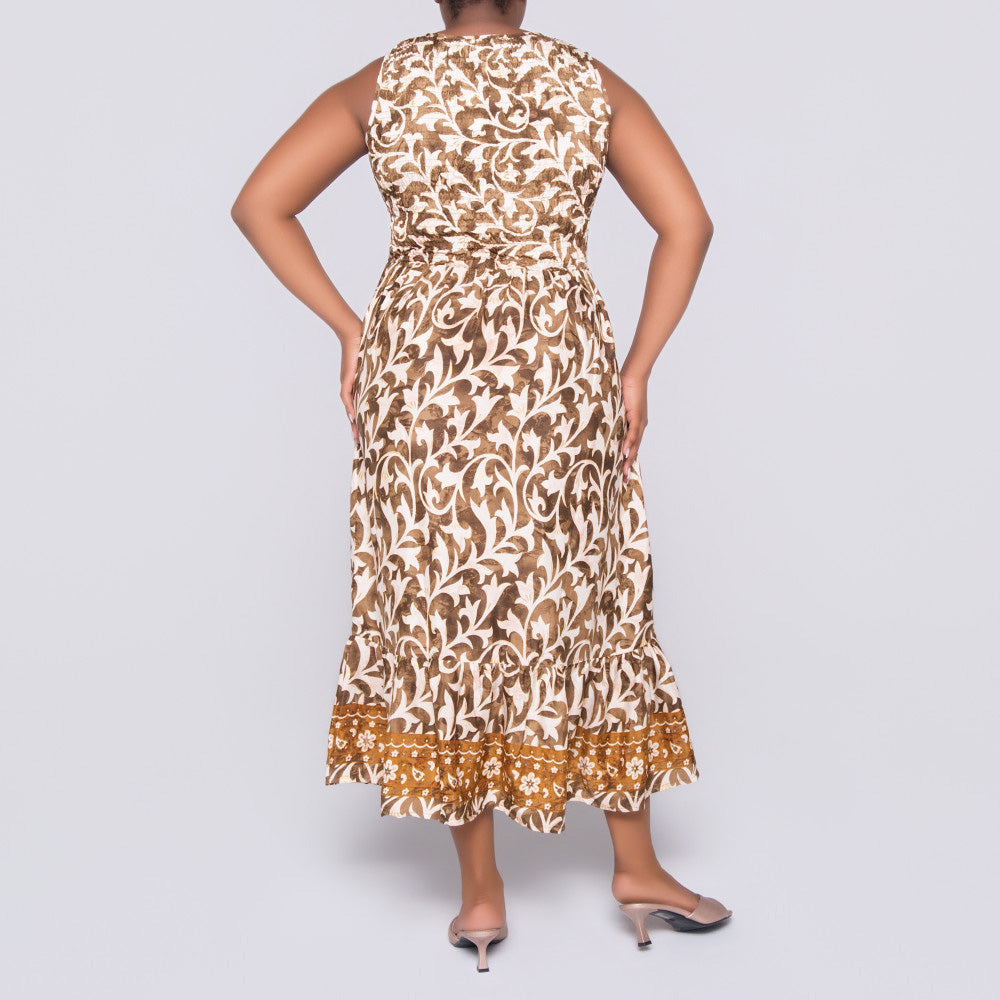 Ladies Sleeveless Brown Printed Dress