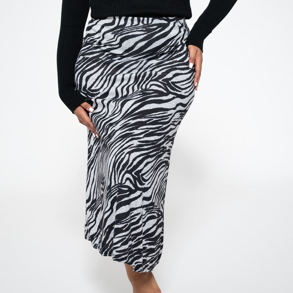 Longer Length Printed Jersey Knit Brown Panel Skirt
