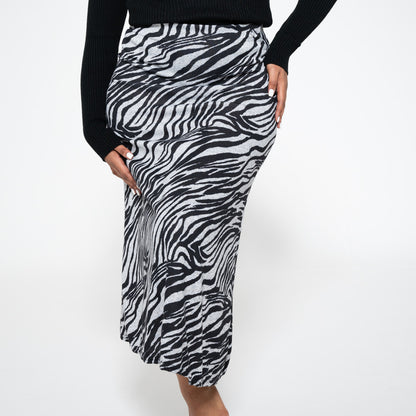 Longer Length Printed Jersey Knit Panel Skirt