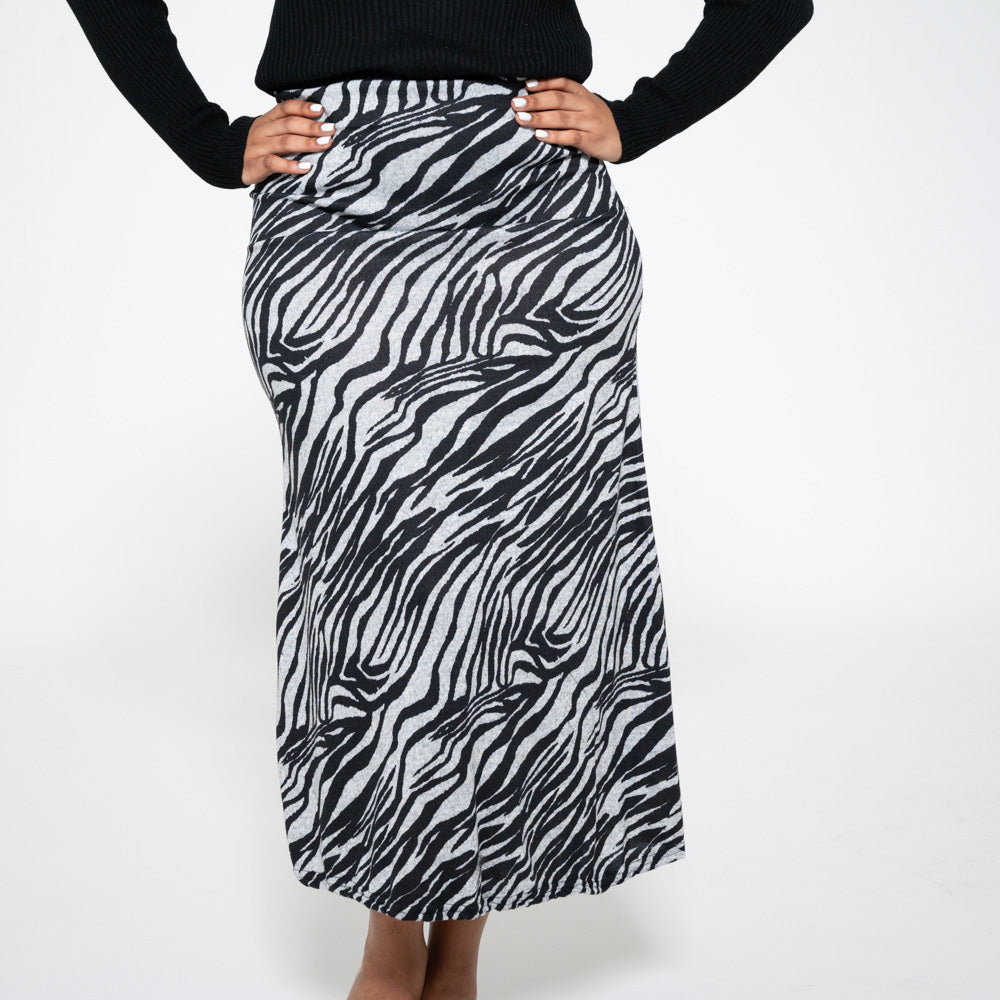 Longer Length Printed Jersey Knit Brown Panel Skirt