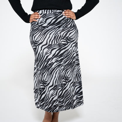 Longer Length Printed Jersey Knit Panel Skirt