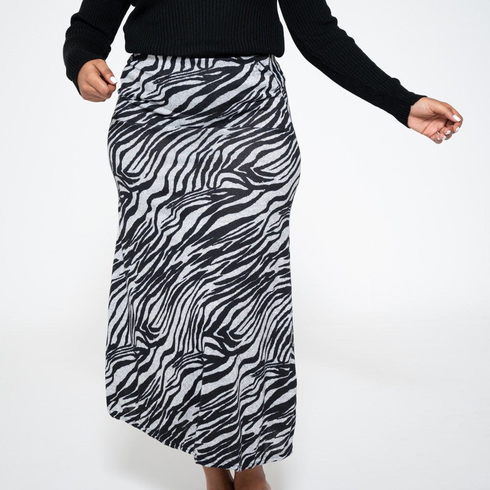 Longer Length Printed Jersey Knit Brown Panel Skirt